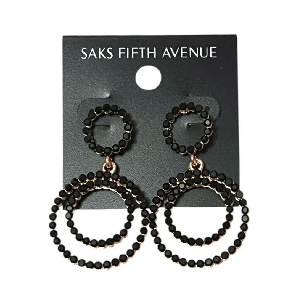Saks Fifth Avenue Black and Gold Triple Circle Crystal Drop Earrings